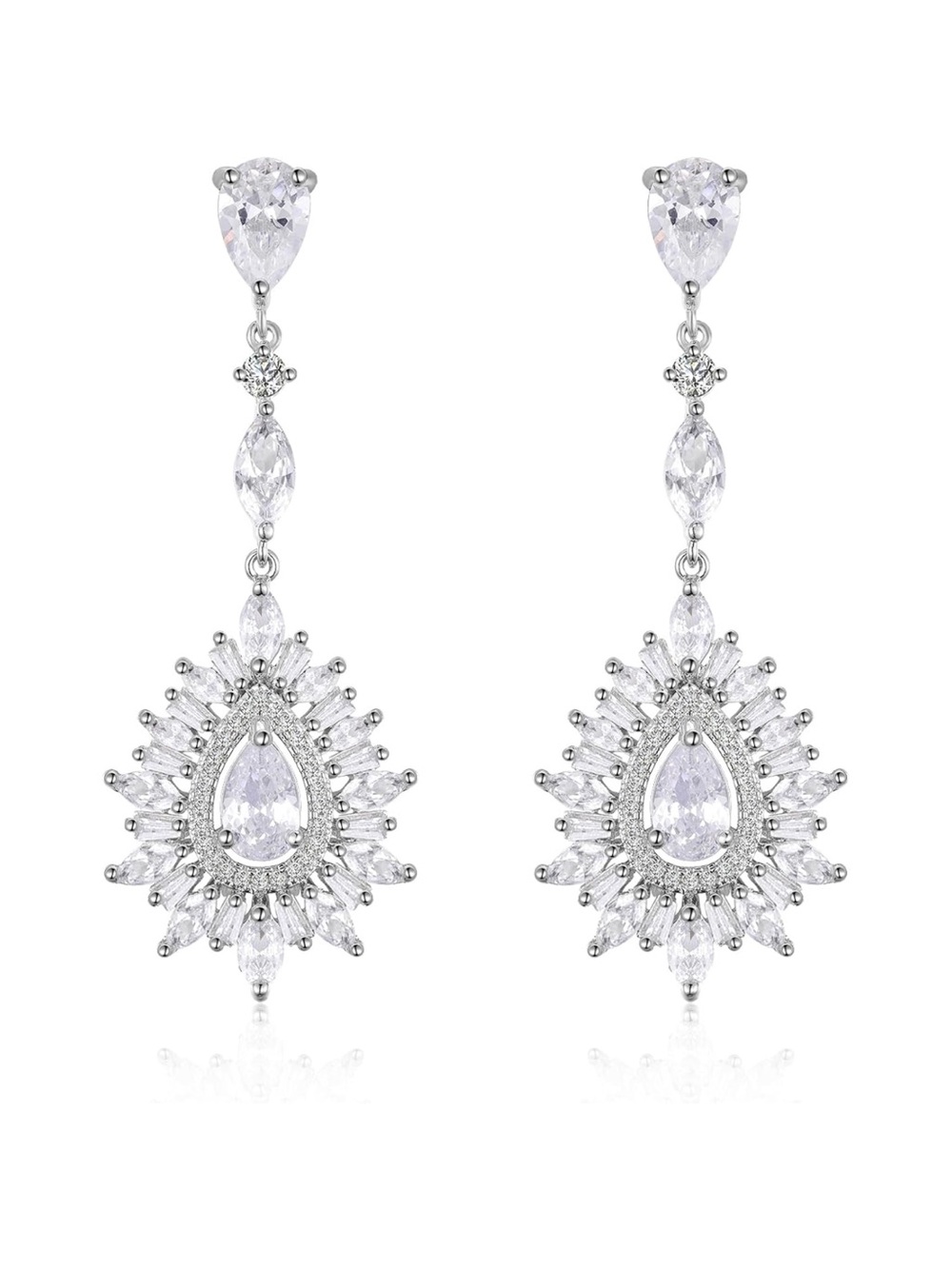 YEPZOKO Sparkling Teardrop Chandelier Crystal Dangle Earrings Silver White